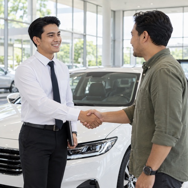 A car salesperson with a customer beside a new car.