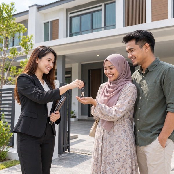 A property agent showing a home to a couple.